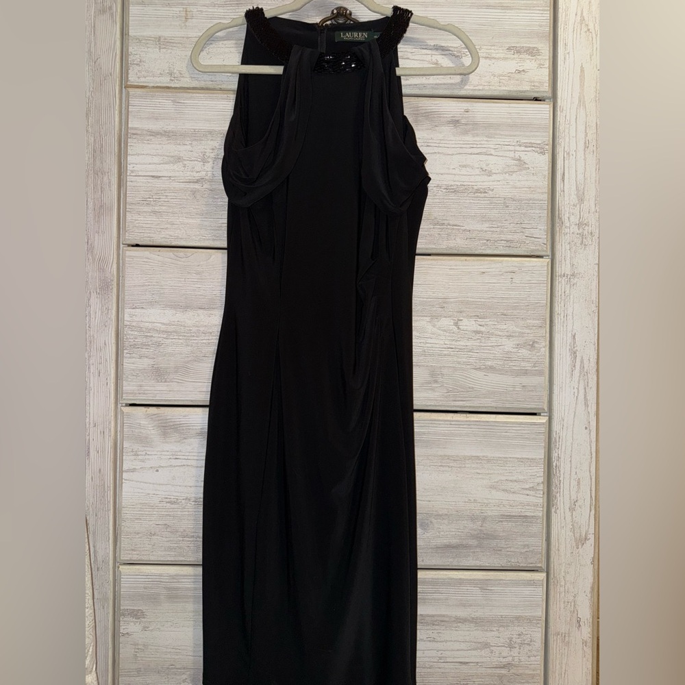 Lauren Ralph Lauren black draped beaded collar dress, a formal sleeveless gown